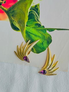 Givenchy Vintage Large Gripoix Amethyst Crystals Tear Drop Wing Leaf Earrings