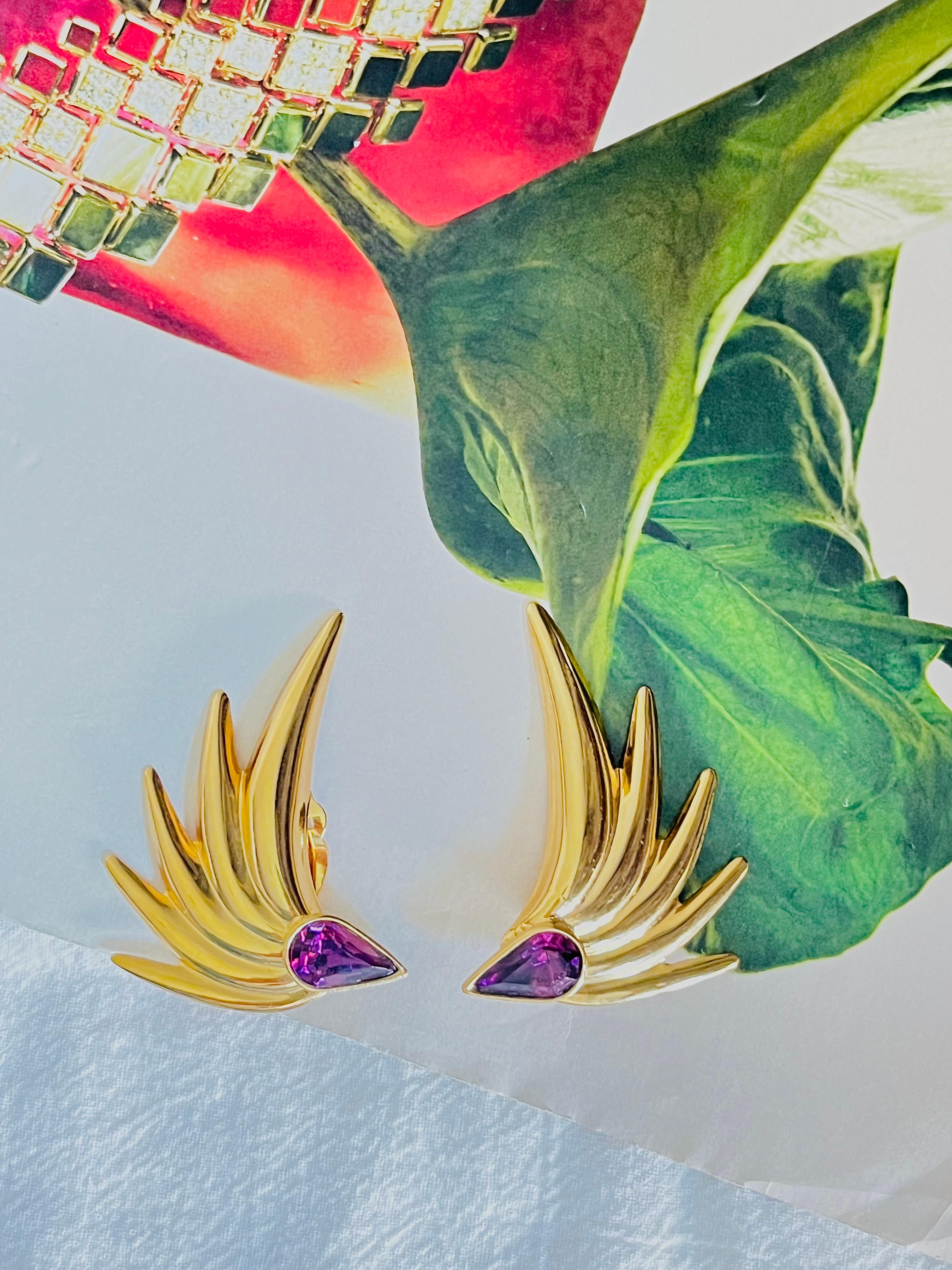 Art Deco Givenchy Vintage Large Gripoix Amethyst Crystals Tear Drop Wing Leaf Earrings