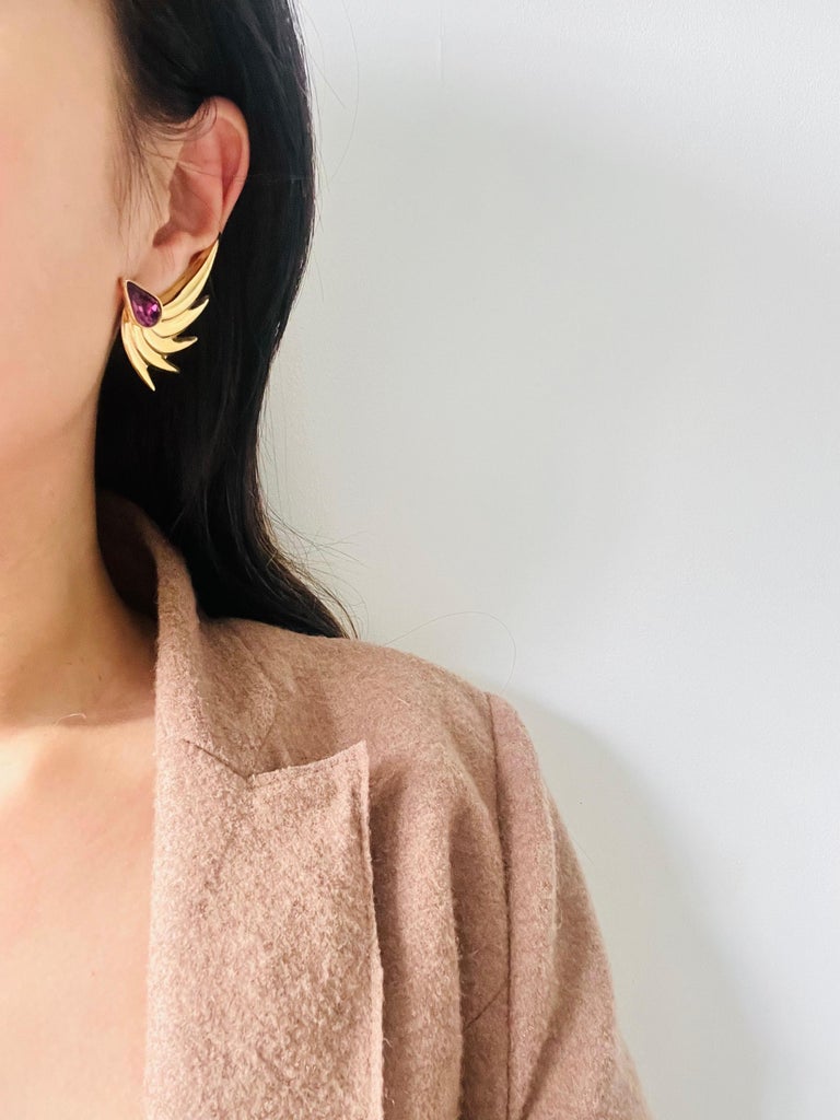 Givenchy Vintage Large Gripoix Amethyst Crystals Tear Drop Wing Leaf  Earrings