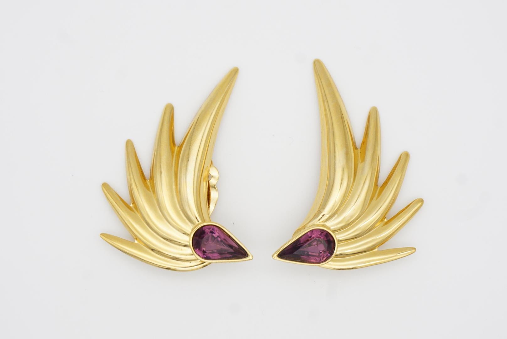 Givenchy Vintage Large Gripoix Amethyst Crystals Tear Drop Wing Leaf Earrings 3