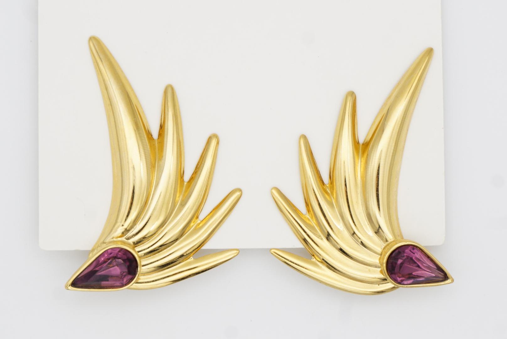 Givenchy Vintage Large Gripoix Amethyst Crystals Tear Drop Wing Leaf Earrings 4