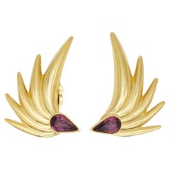 Givenchy Vintage Large Gripoix Amethyst Crystals Tear Drop Wing Leaf Earrings