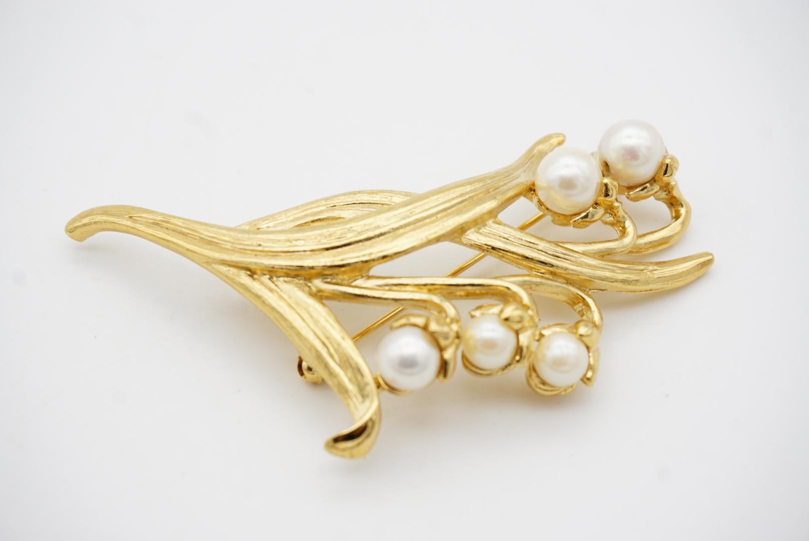 Givenchy Vintage Large Lily Of The Valley White Pearls Bell Flower Leaf Brooch 5