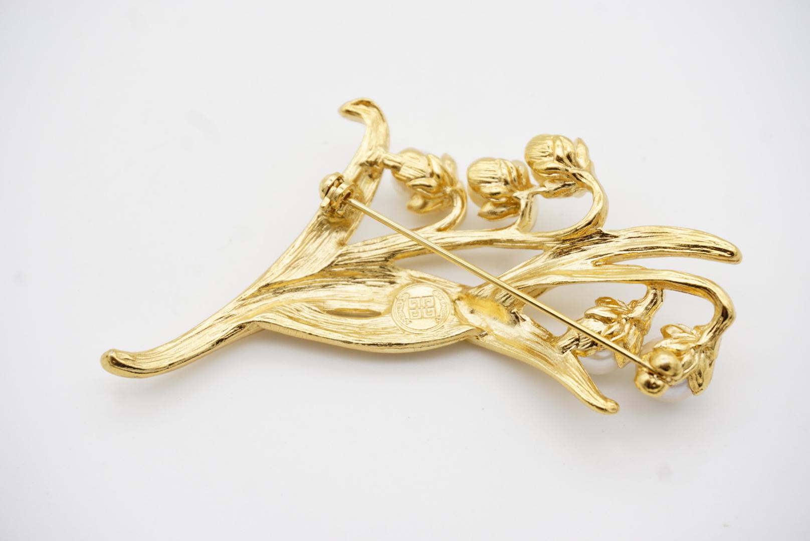 Givenchy Vintage Large Lily Of The Valley White Pearls Bell Flower Leaf Brooch 9