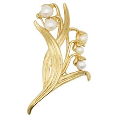 Givenchy Vintage Large Lily Of The Valley White Pearls Bell Flower Leaf Brooch