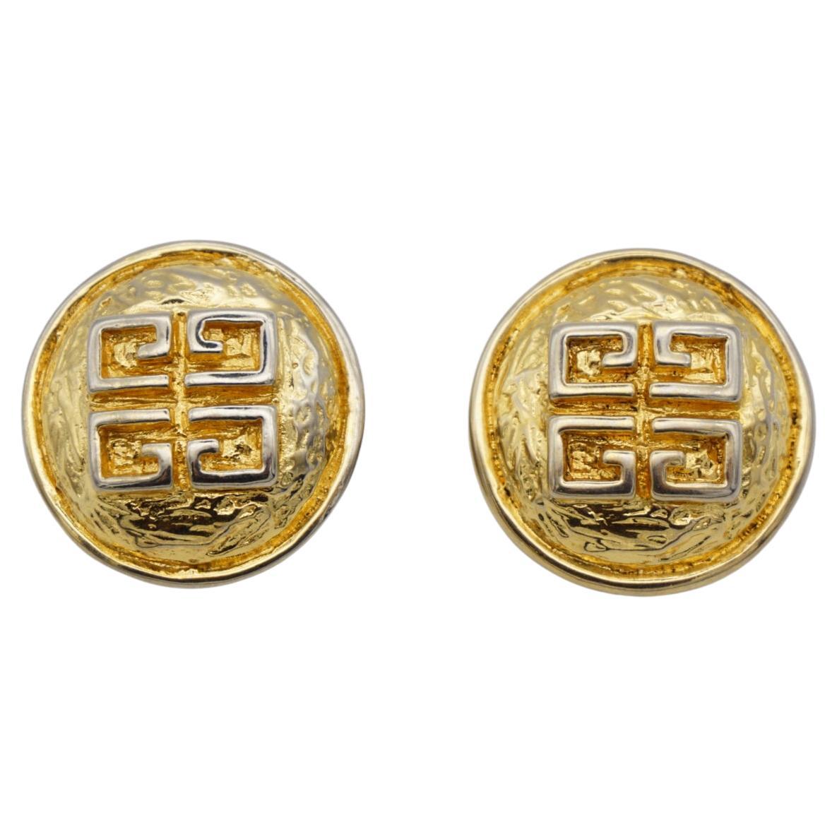 Givenchy Vintage Large Logo Monogram Iconic Round Circle Gold Clip On Earrings  For Sale