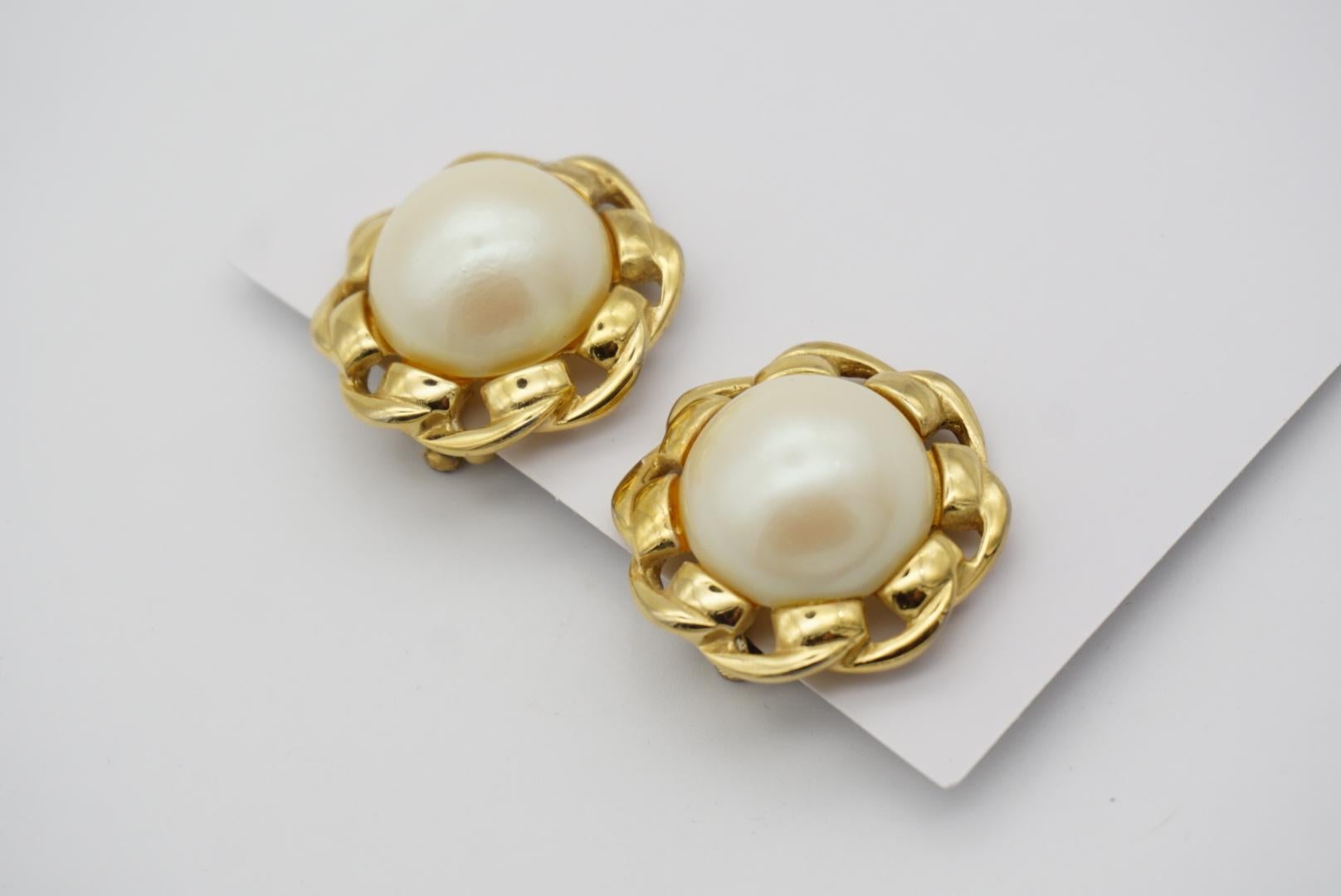 Givenchy Vintage Large Round White Pearl Twist Rope Interlock Gold Clip Earrings For Sale 1