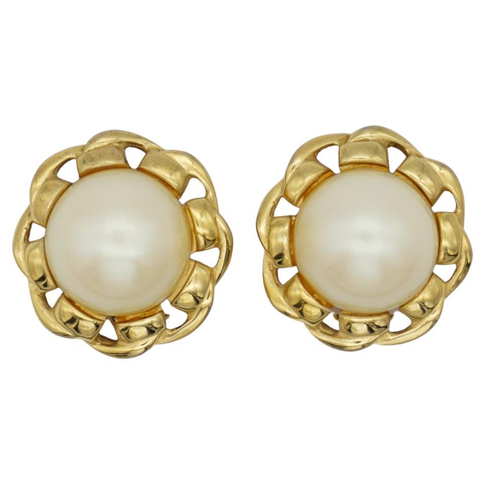 Givenchy Vintage Large Round White Pearl Twist Rope Interlock Gold Clip Earrings For Sale