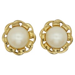 Givenchy Vintage Large Round White Pearl Twist Rope Interlock Gold Clip Earrings