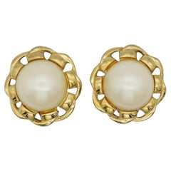Givenchy Vintage Large Round White Pearl Twist Rope Interlocked Clip Earrings