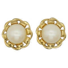 Givenchy Vintage Large Round White Pearl Twist Rope Interlocked Clip Earrings