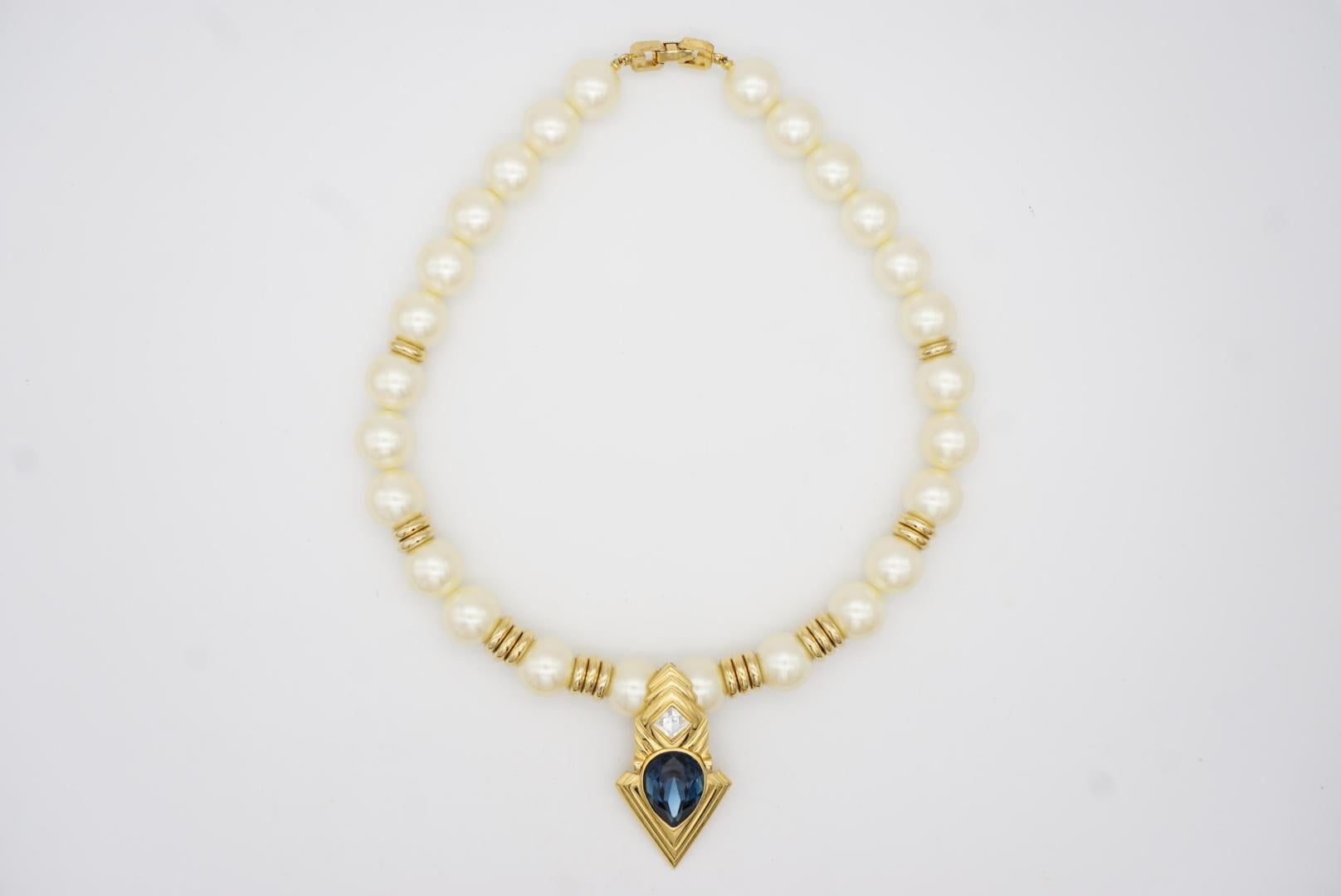 Givenchy Vintage Large Sapphire Diamond Tear Drop White Round Pearls Necklace For Sale 4