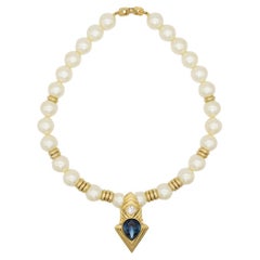 Givenchy Vintage Large Sapphire White Round Pearls Diamond Tear Drop Necklace