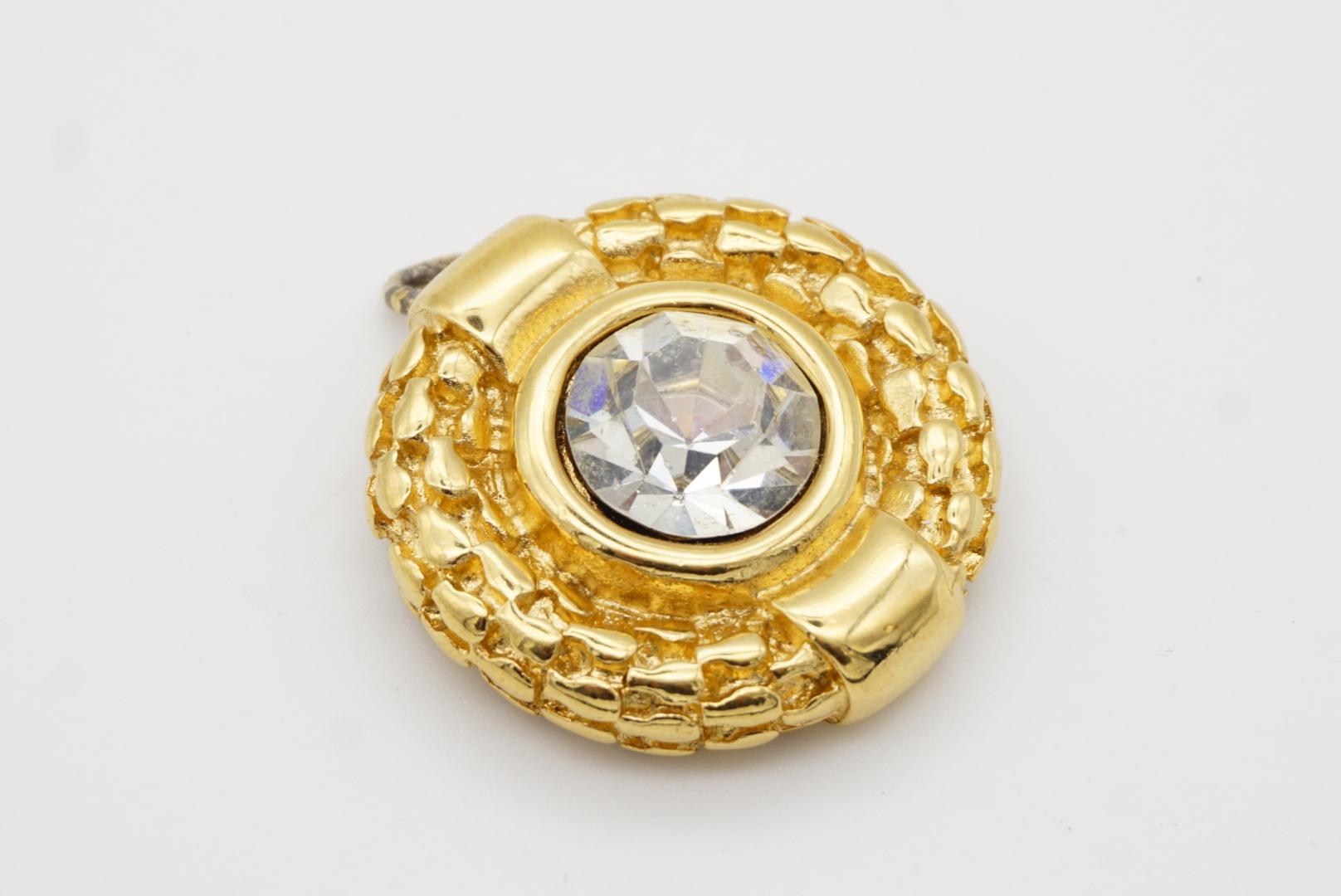 Givenchy Vintage Large Textured Round Polygon Sparking Crystal Gold Pendant For Sale 5