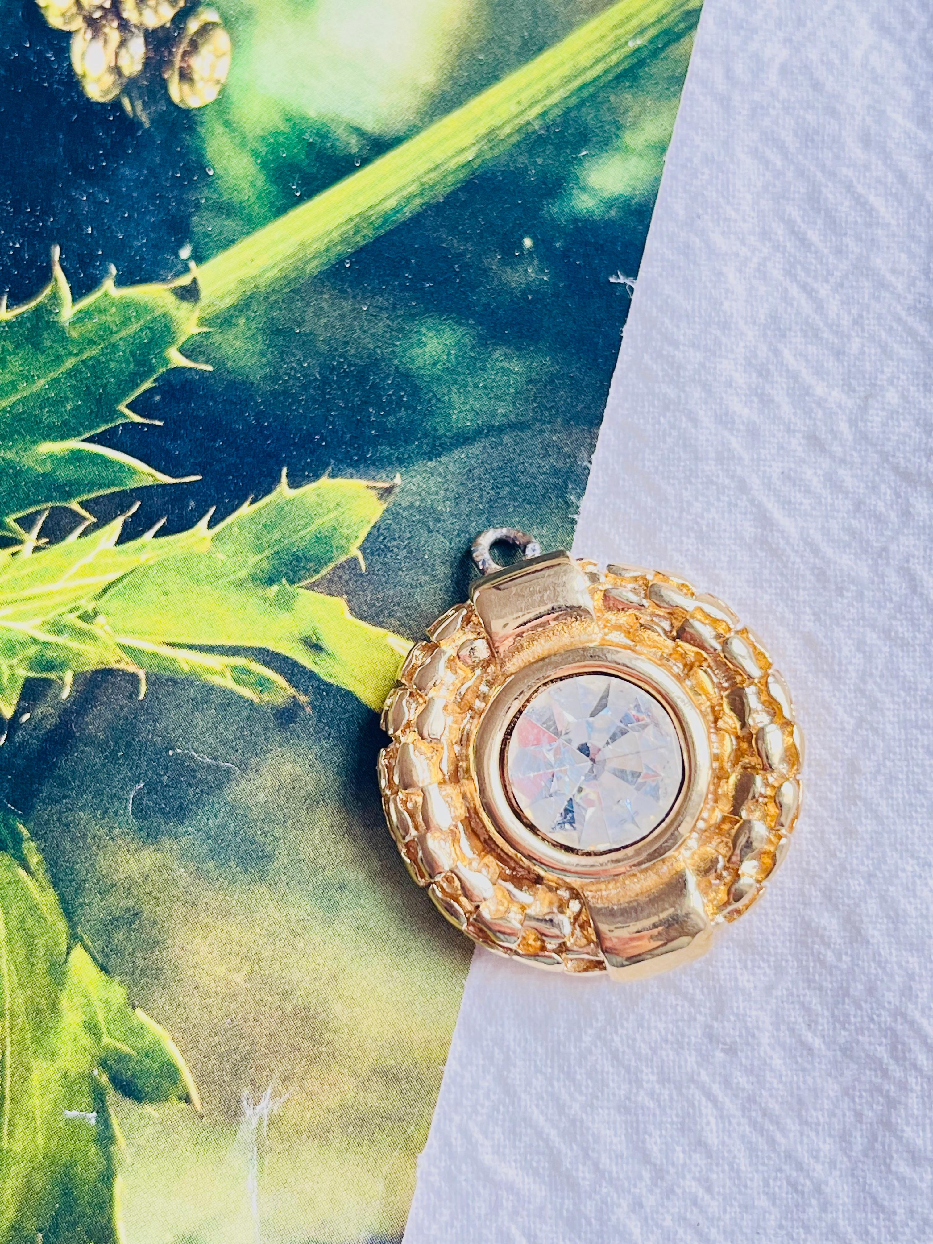 Art Deco Givenchy Vintage Large Textured Round Polygon Sparking Crystal Gold Pendant For Sale