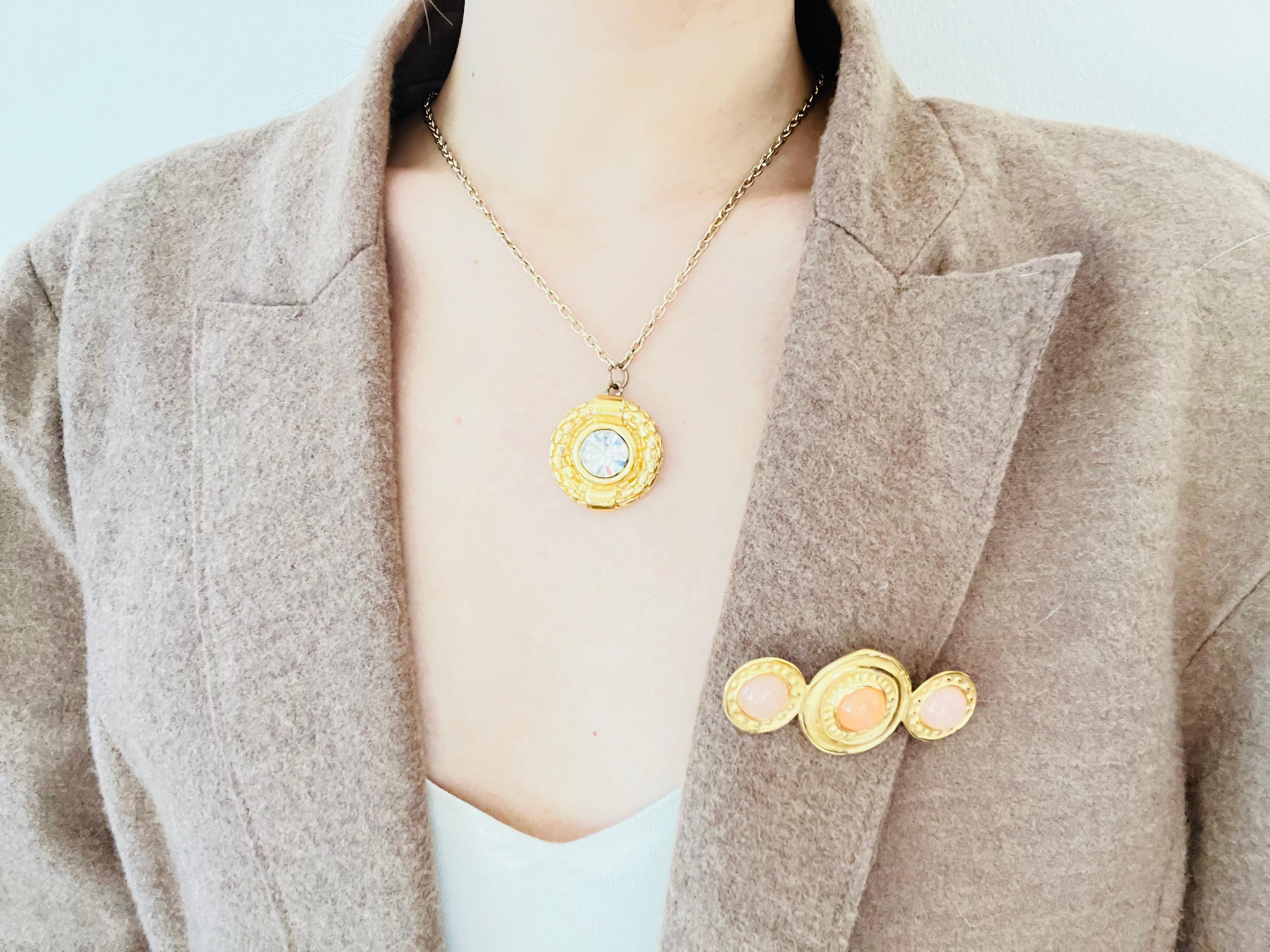 Givenchy Vintage Large Textured Round Polygon Sparking Crystal Gold Pendant For Sale 3