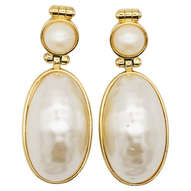 Givenchy Vintage Large White Oval Circle Pearl Elegant Drop Gold Clip Earrings  For Sale