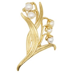Givenchy Vintage Large White Pearls Lily Of The Valley Bell Flower Leaf Brooch
