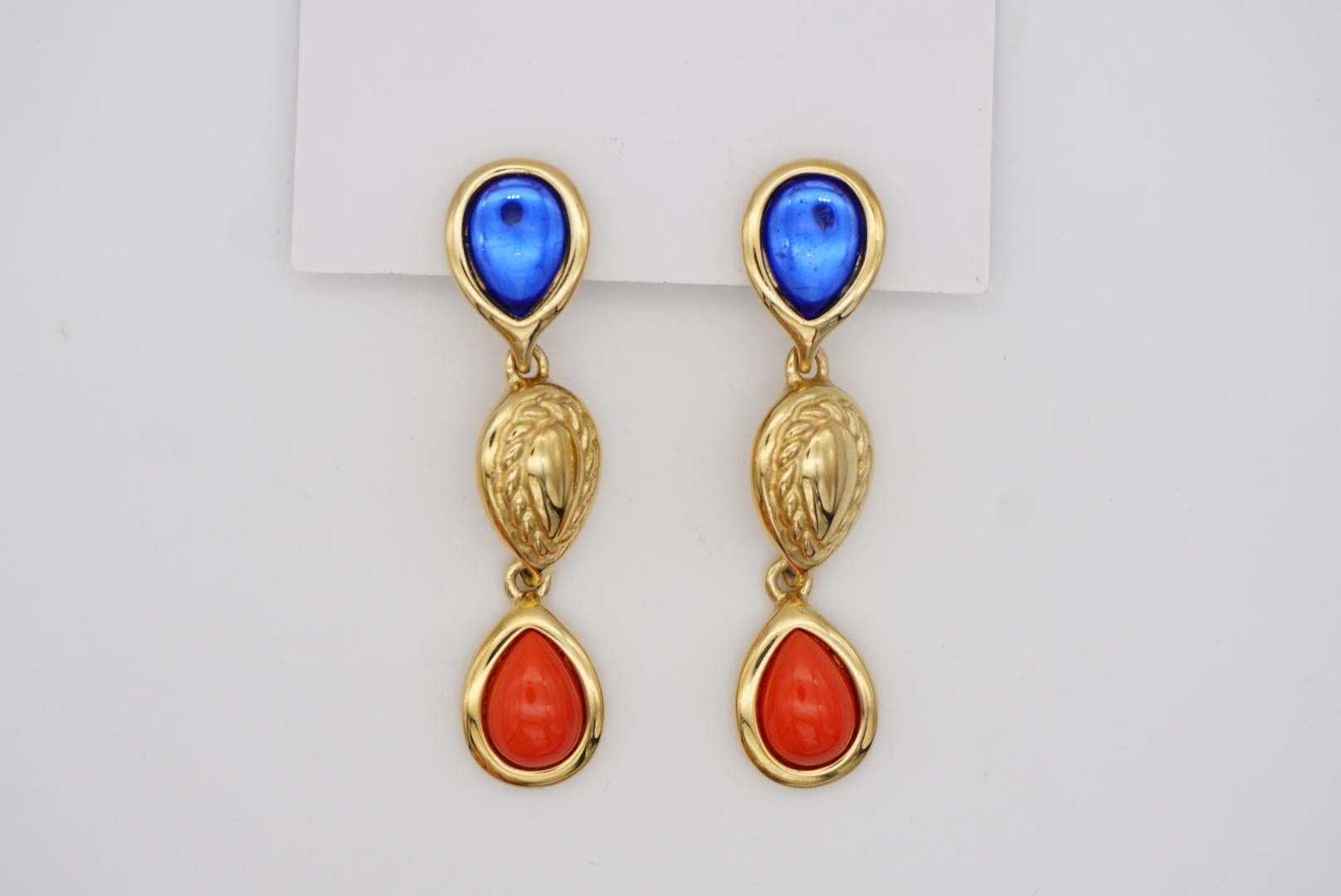 Givenchy Vintage Lange Saphir-Korallen-Kristalle-Cabochon-Wassertropfen-Ohrclips im Angebot 2