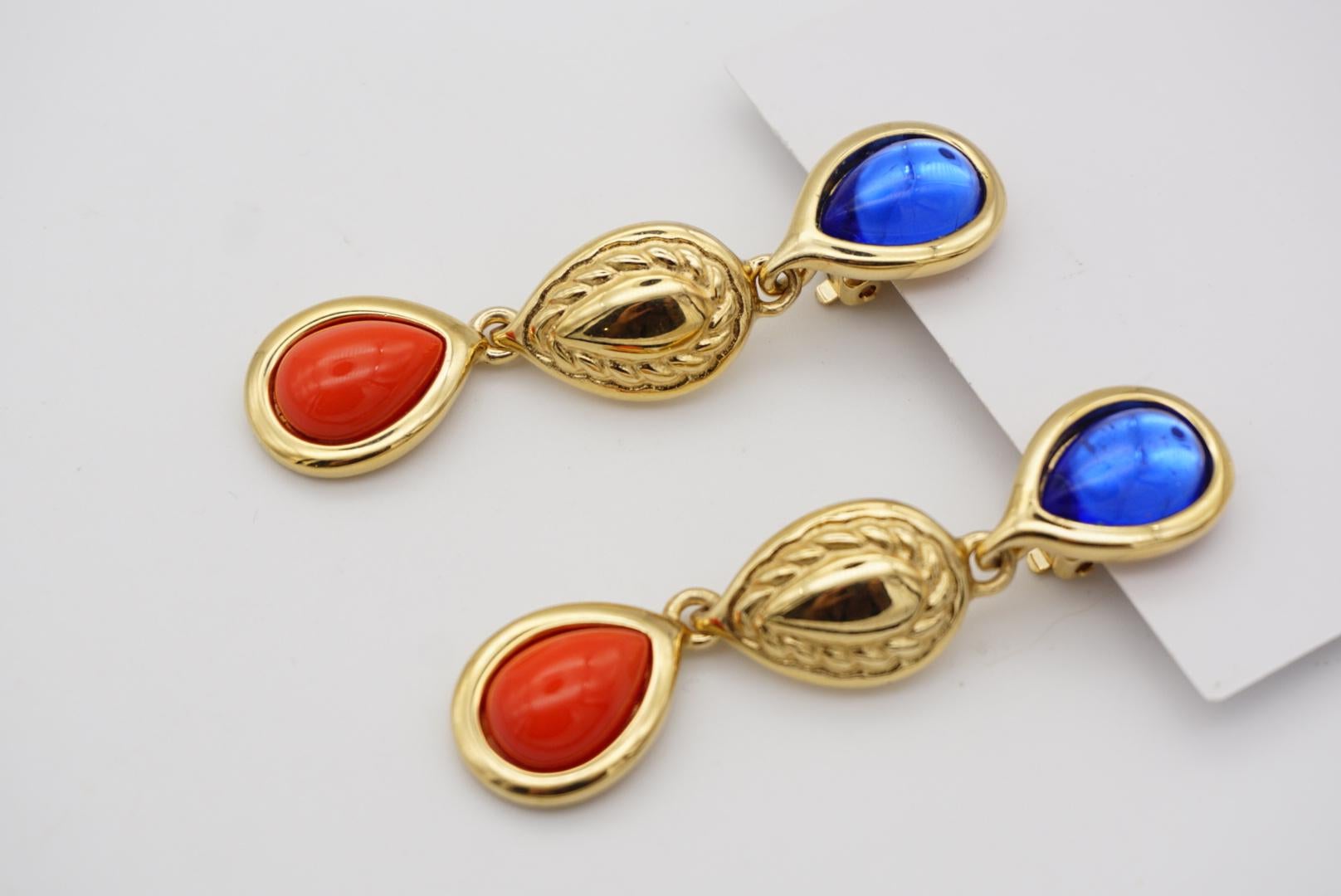 Givenchy Vintage Lange Saphir-Korallen-Kristalle-Cabochon-Wassertropfen-Ohrclips im Angebot 4
