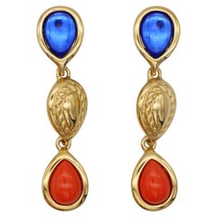 Givenchy Vintage Long Sapphire Coral Crystals Cabochon Water Drop Clip Earrings