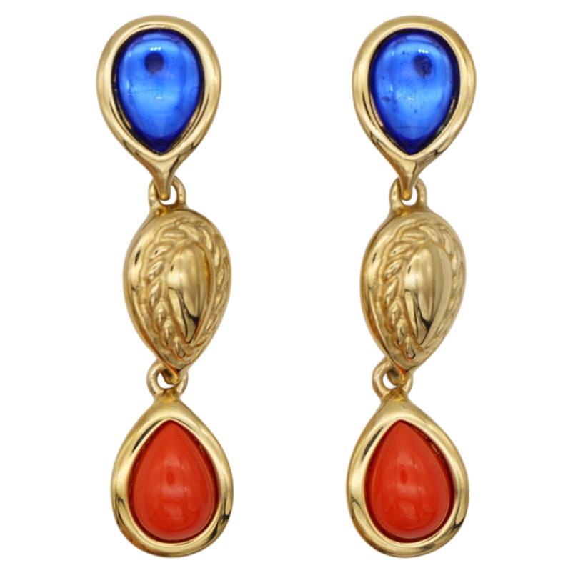 Givenchy Vintage Long Trio Navy Red Tear Water Drop Crystal Gold Clip Earrings  For Sale