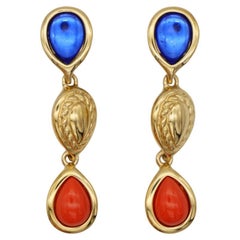 Givenchy Retro Long Trio Navy Red Tear Water Drop Crystal Gold Clip Earrings 