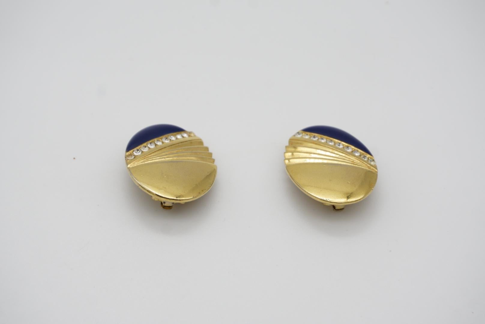 Givenchy Vintage Navy Blue Oval Fan Shell Crystals Glow Oval Gold Clip Earrings 5
