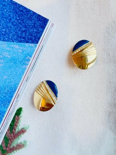 Givenchy Vintage Navy Blue Oval Fan Shell Crystals Glow Oval Gold Clip Earrings