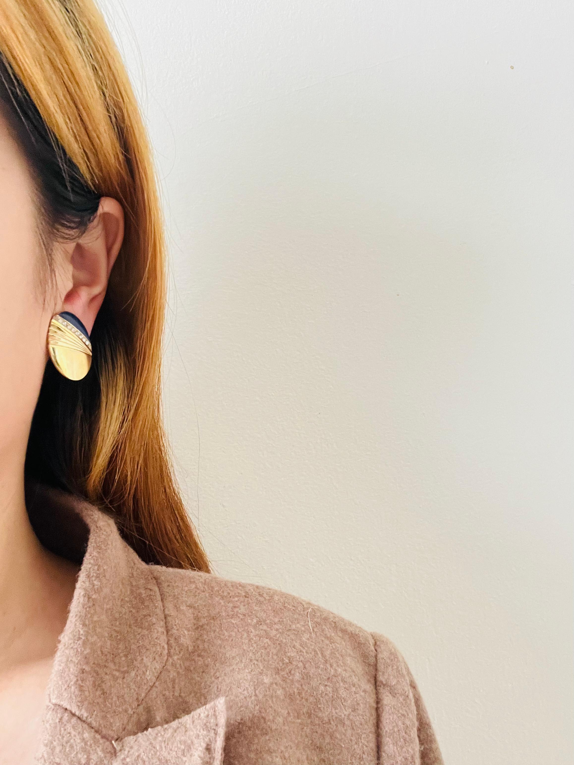 Givenchy Vintage Navy Blue Oval Fan Shell Crystals Glow Oval Gold Clip Earrings For Sale 1