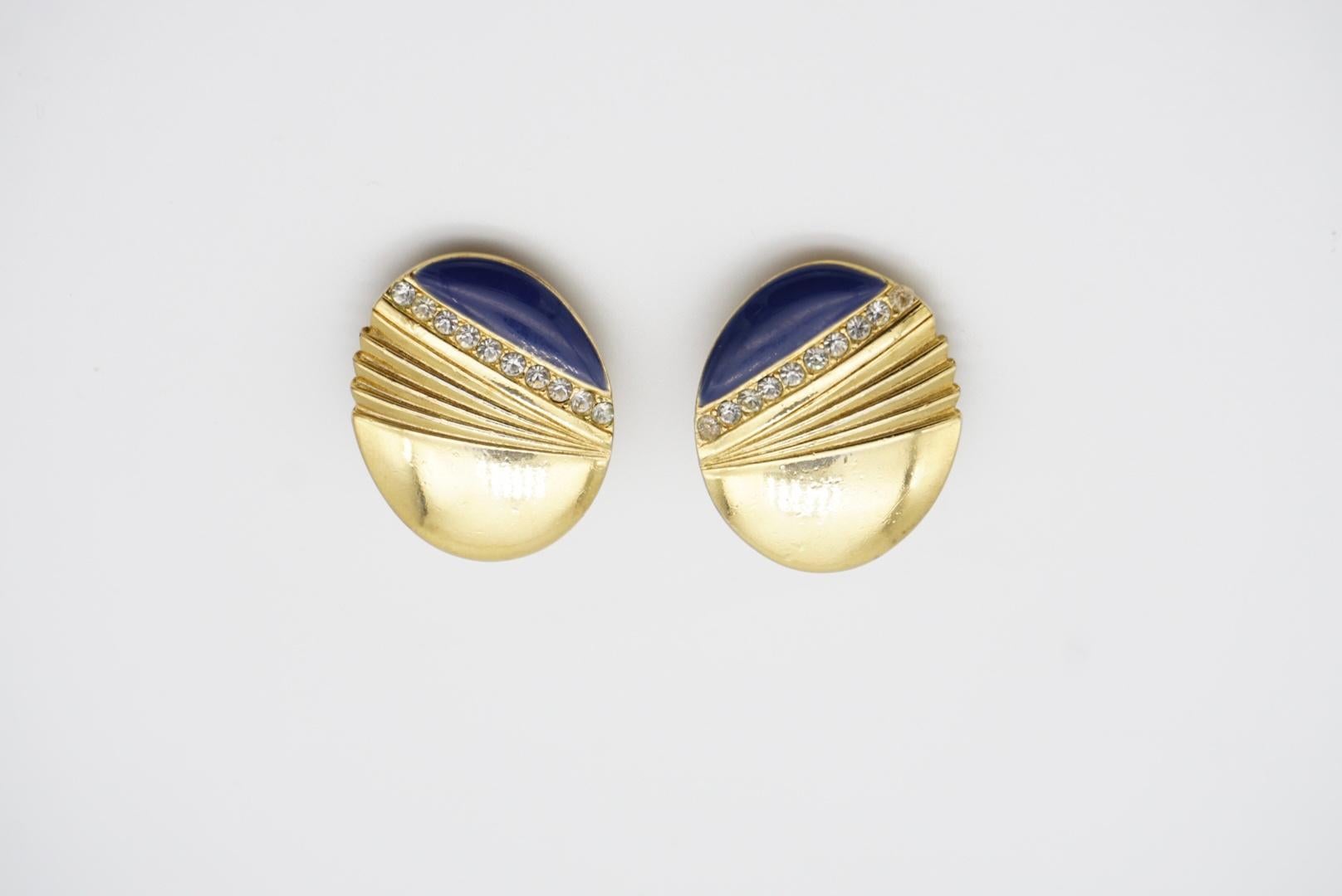Givenchy Vintage Navy Blue Oval Fan Shell Crystals Glow Oval Gold Clip Earrings For Sale 1