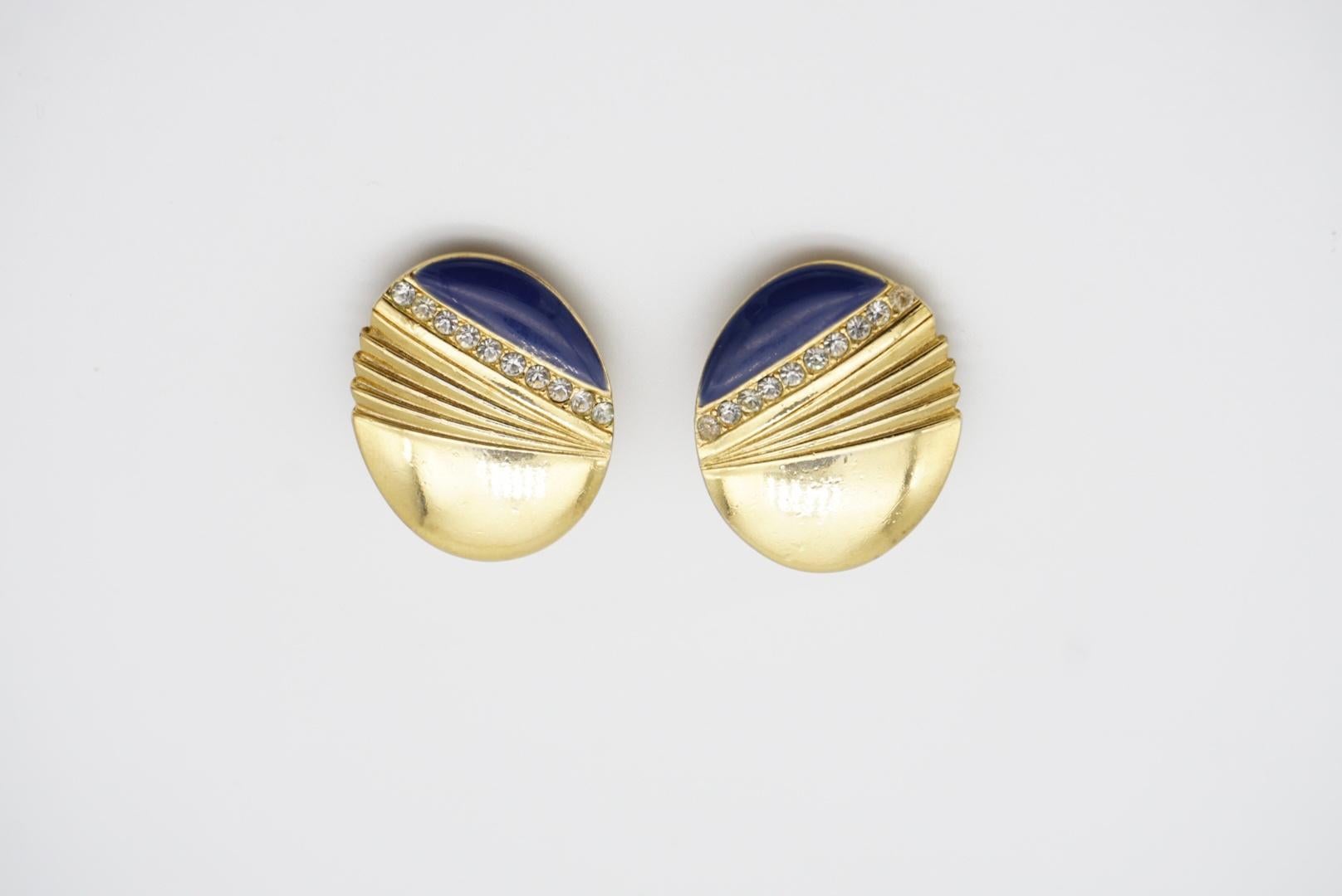 Givenchy Vintage Navy Blue Oval Fan Shell Crystals Glow Oval Gold Clip Earrings For Sale 4
