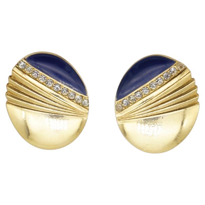 Givenchy Vintage Navy Blue Oval Fan Shell Crystals Glow Oval Gold Clip Earrings For Sale