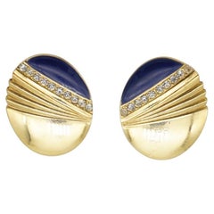 Givenchy Retro Navy Blue Oval Fan Shell Crystals Glow Oval Gold Clip Earrings