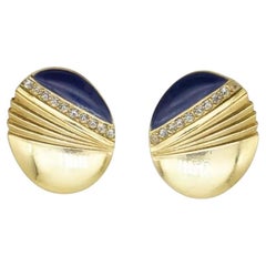 Givenchy Vintage Navy Blue Oval Fan Shell Crystals Glow Oval Gold Clip Earrings