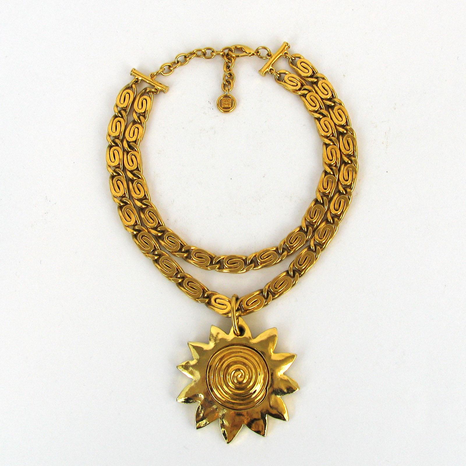 Gilt Givenchy Vintage Necklace with Sun Pendant, 1980s For Sale
