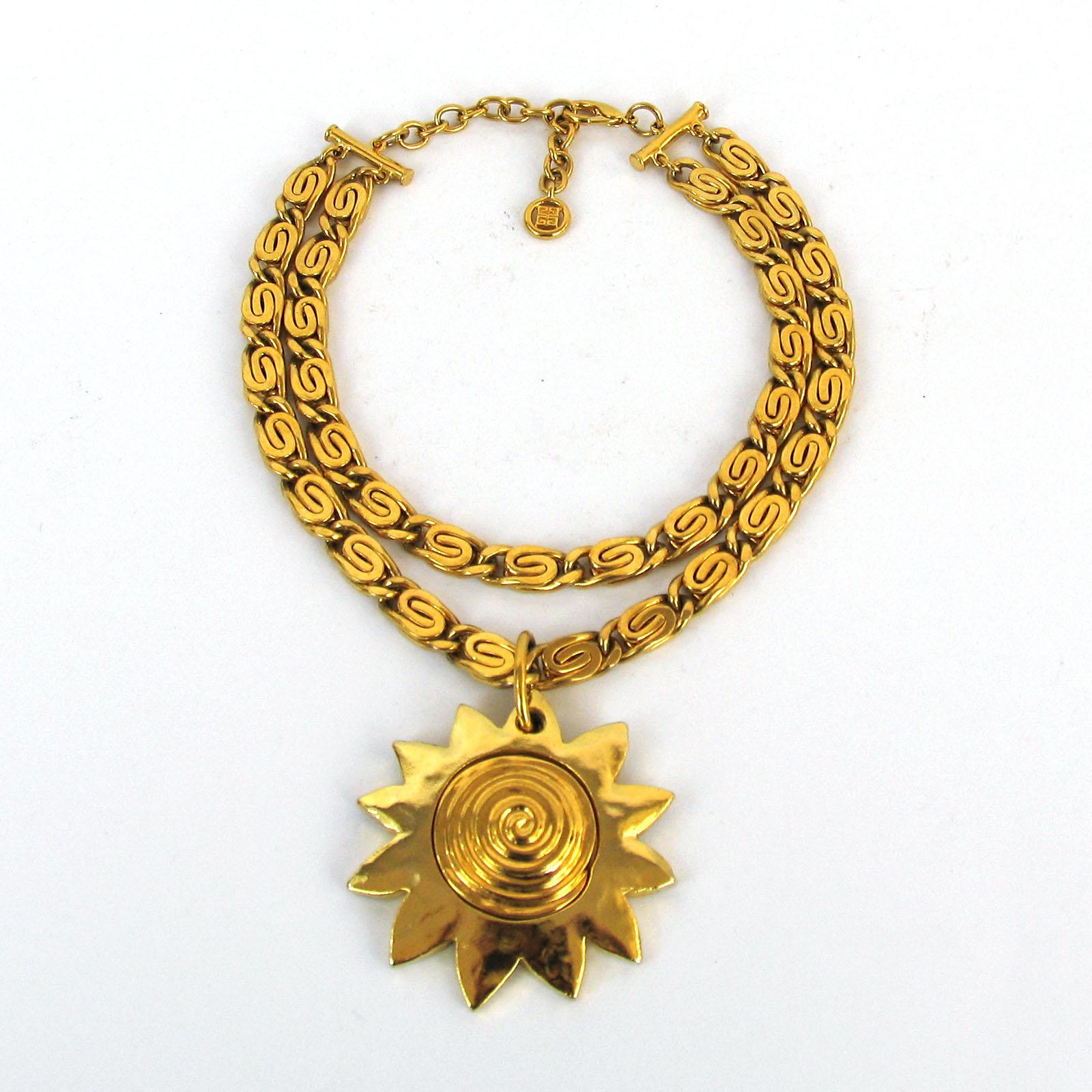 Gilt Givenchy Vintage Necklace with Sun Pendant, 1980s For Sale
