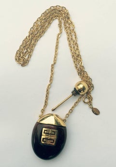 Givenchy Vintage Perfume Bottle Necklace Gold-Toned Link Chain Tortoise, 1970s