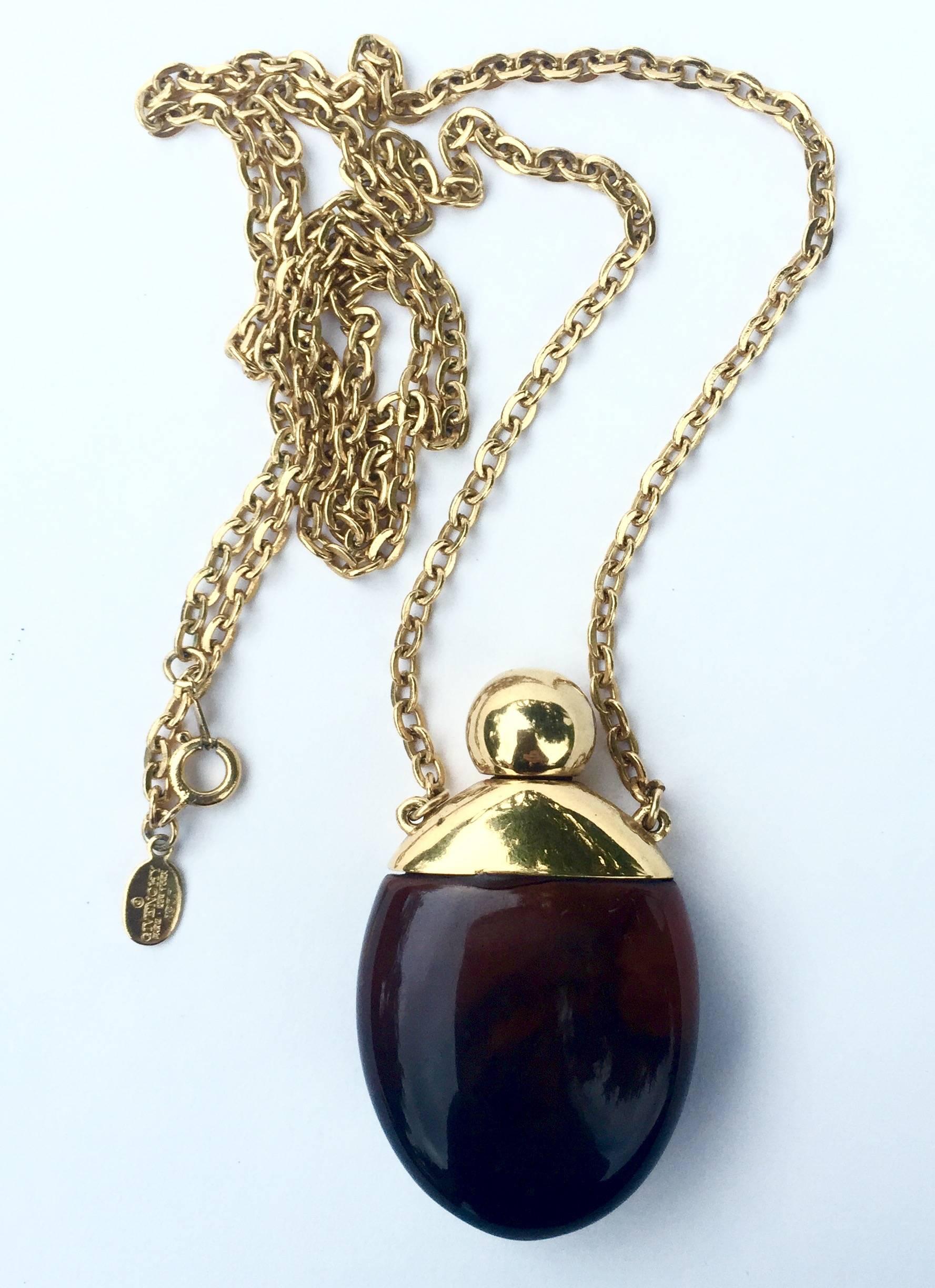 Art Deco Givenchy Vintage Perfume Bottle Necklace Gold-Toned Link Chain Tortoise, 1970s  For Sale