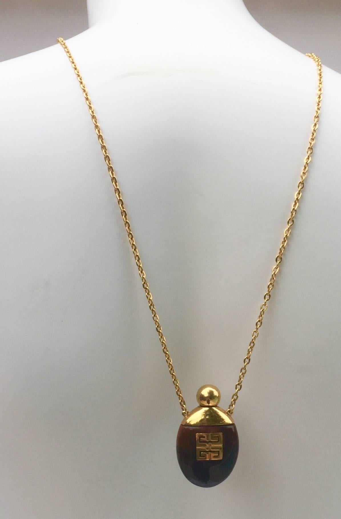 Women's Givenchy Vintage Perfume Bottle Necklace Gold-Toned Link Chain Tortoise, 1970s  For Sale