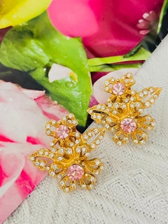 Givenchy Vintage Pink Rose Cluster Crystal Double Flower Openwork Clip Earrings