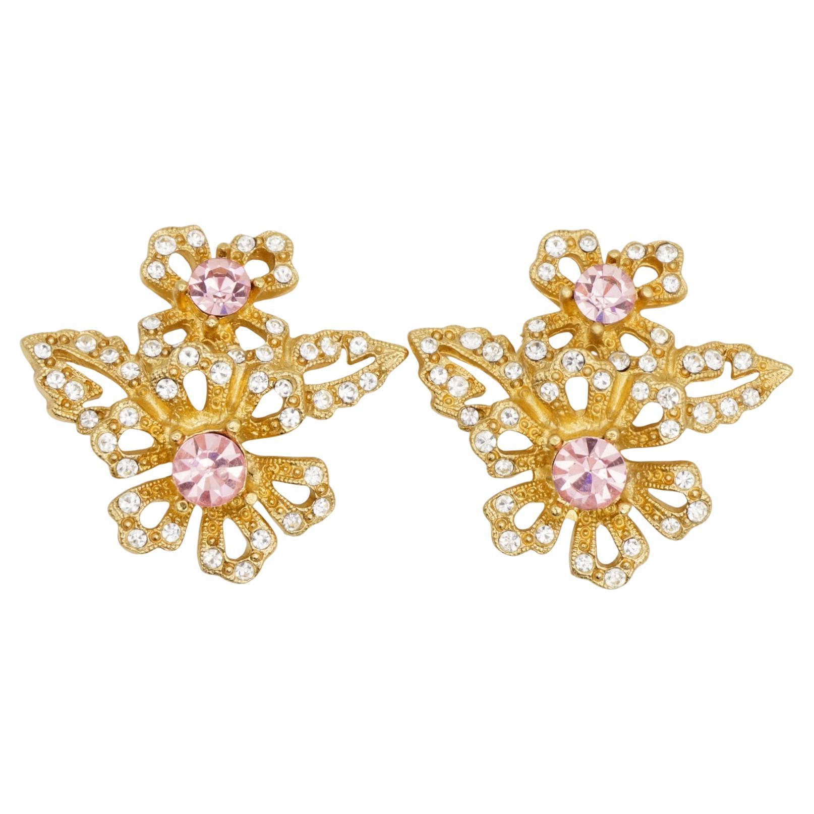 Givenchy Vintage Pink Rose Cluster Crystal Double Flower Openwork Clip Earrings