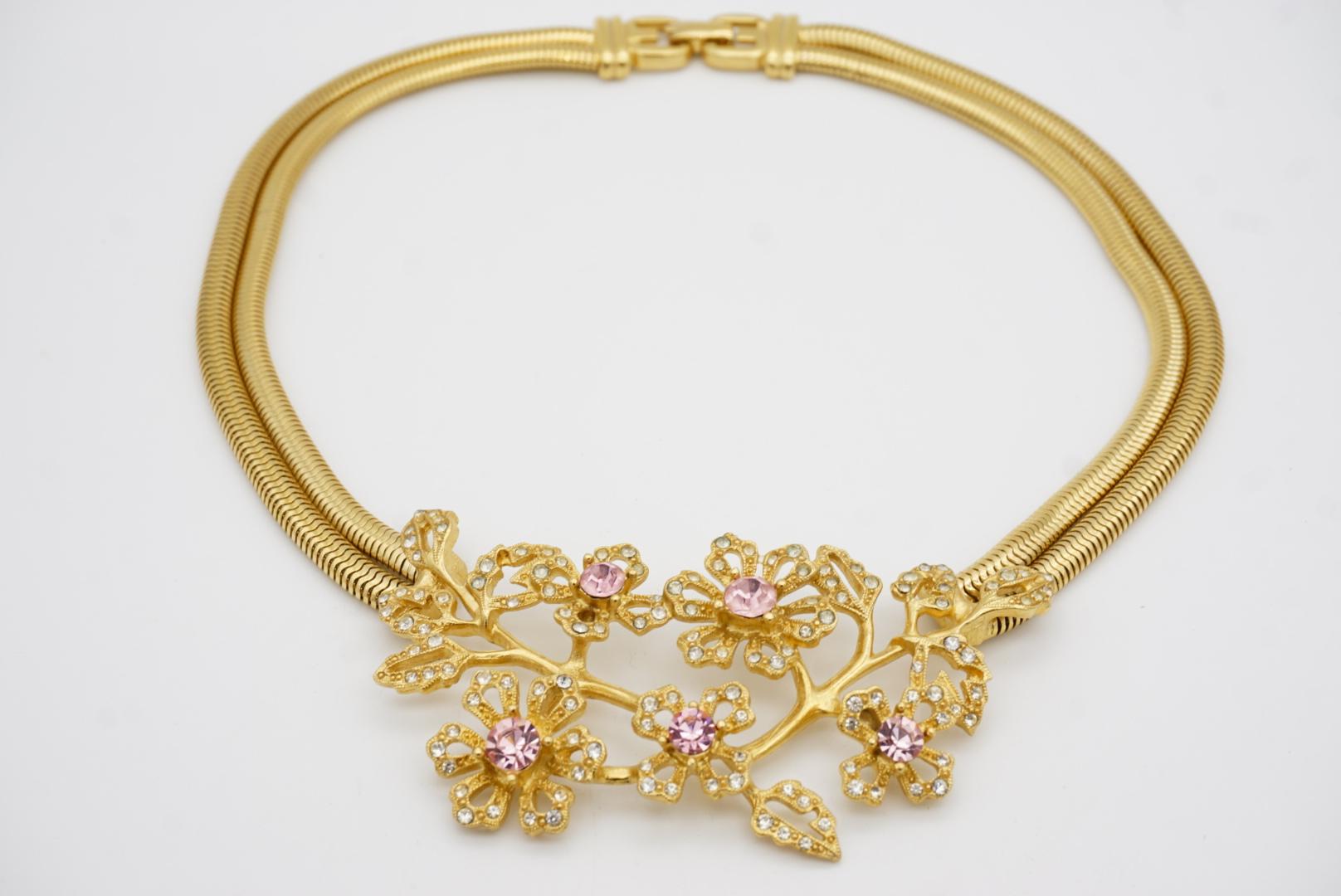 Givenchy Vintage Pink Rose Cluster Crystals Flower Double Layers Snake Necklace en vente 7
