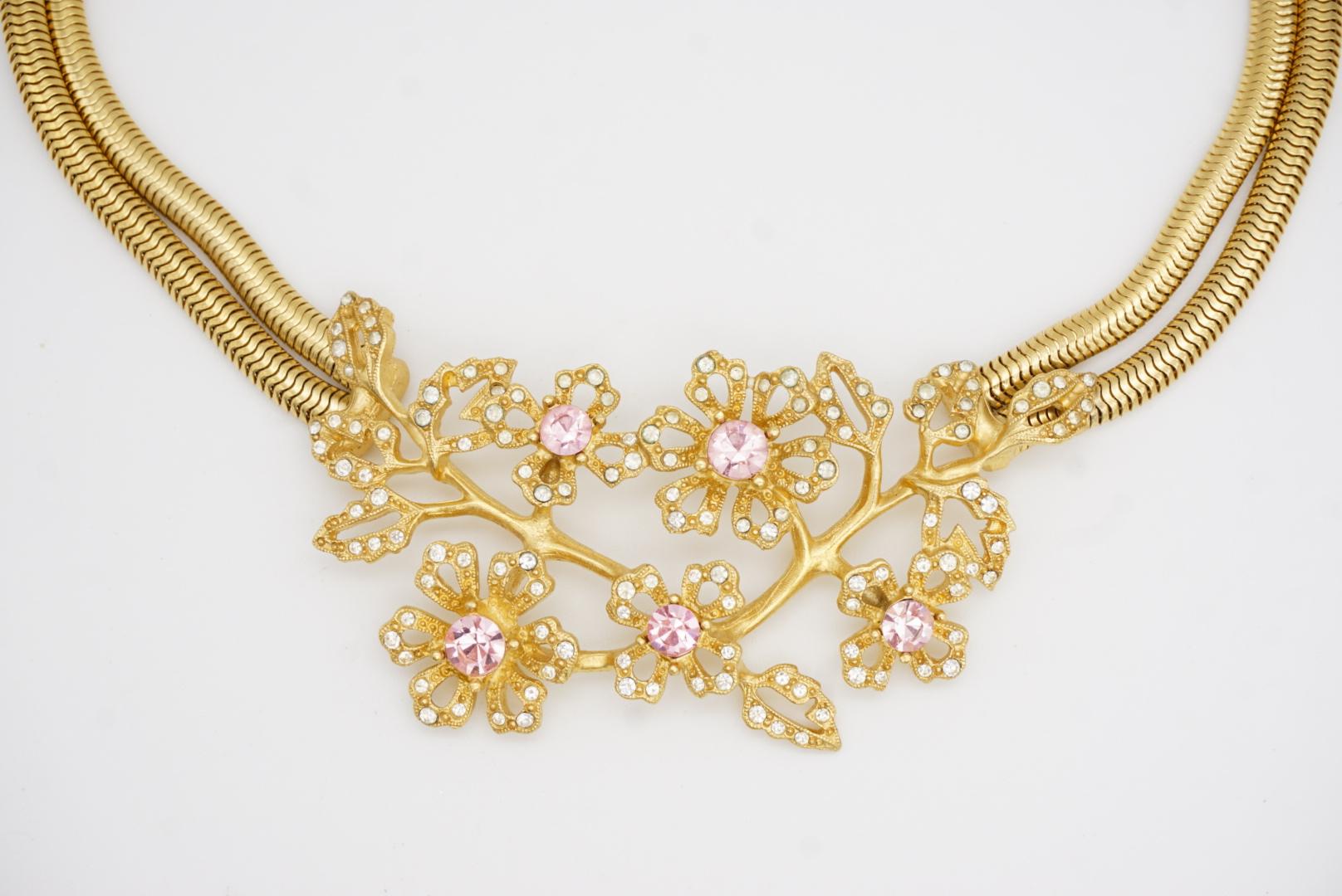 Givenchy Vintage Pink Rose Cluster Crystals Flower Double Layers Snake Necklace en vente 8