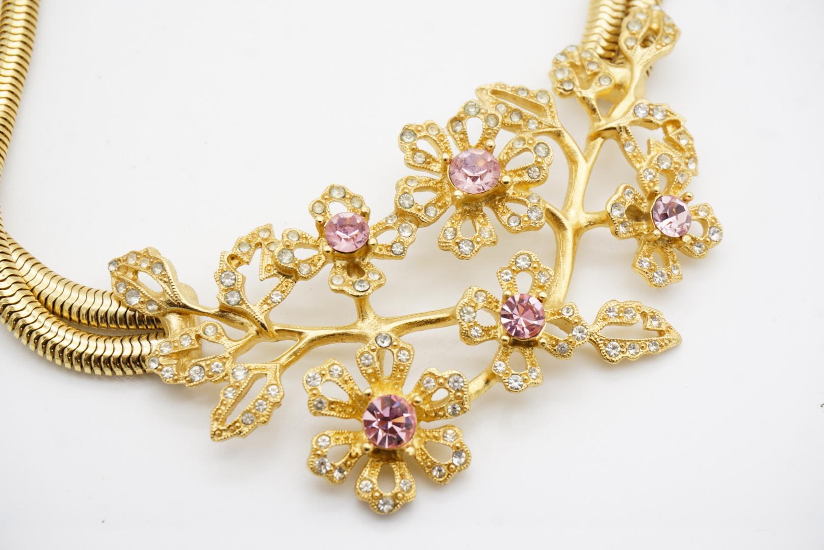 Givenchy Vintage Pink Rose Cluster Crystals Flower Double Layers Snake Necklace en vente 10