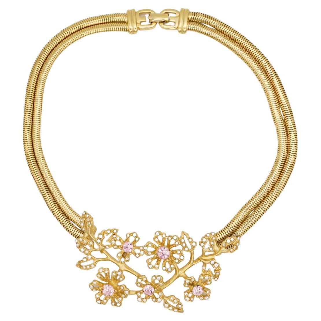 Givenchy Vintage 1980s Luxury Pink Rose Extra Large Cluster Crystals Flourish Blossom Flowers Leaf Pendant Double Layers Strands Snake Elegant Chunky Statement Choker Collar Chain Necklace, Gold Tone.

Very excellent condition. Not any stones lost.
