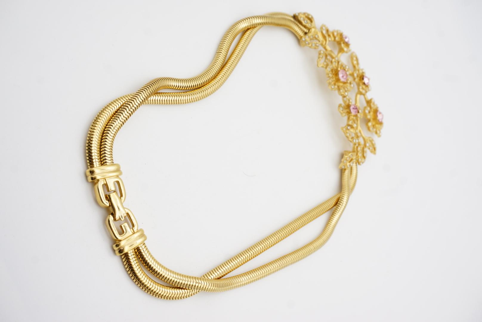 Givenchy Vintage Pink Rose Cluster Crystals Flower Double Layers Snake Necklace en vente 15