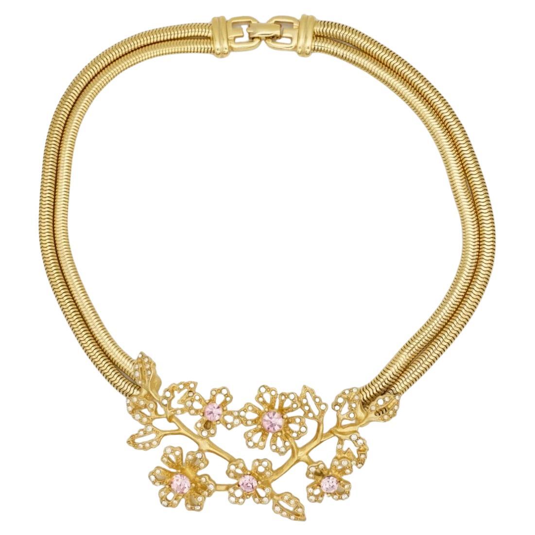 Givenchy Vintage Pink Rose Cluster Crystals Flower Double Layers Snake Necklace en vente