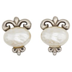 Givenchy Vintage Rare Fleur De Lis Lily White Oval Pearl Filigree Earrings