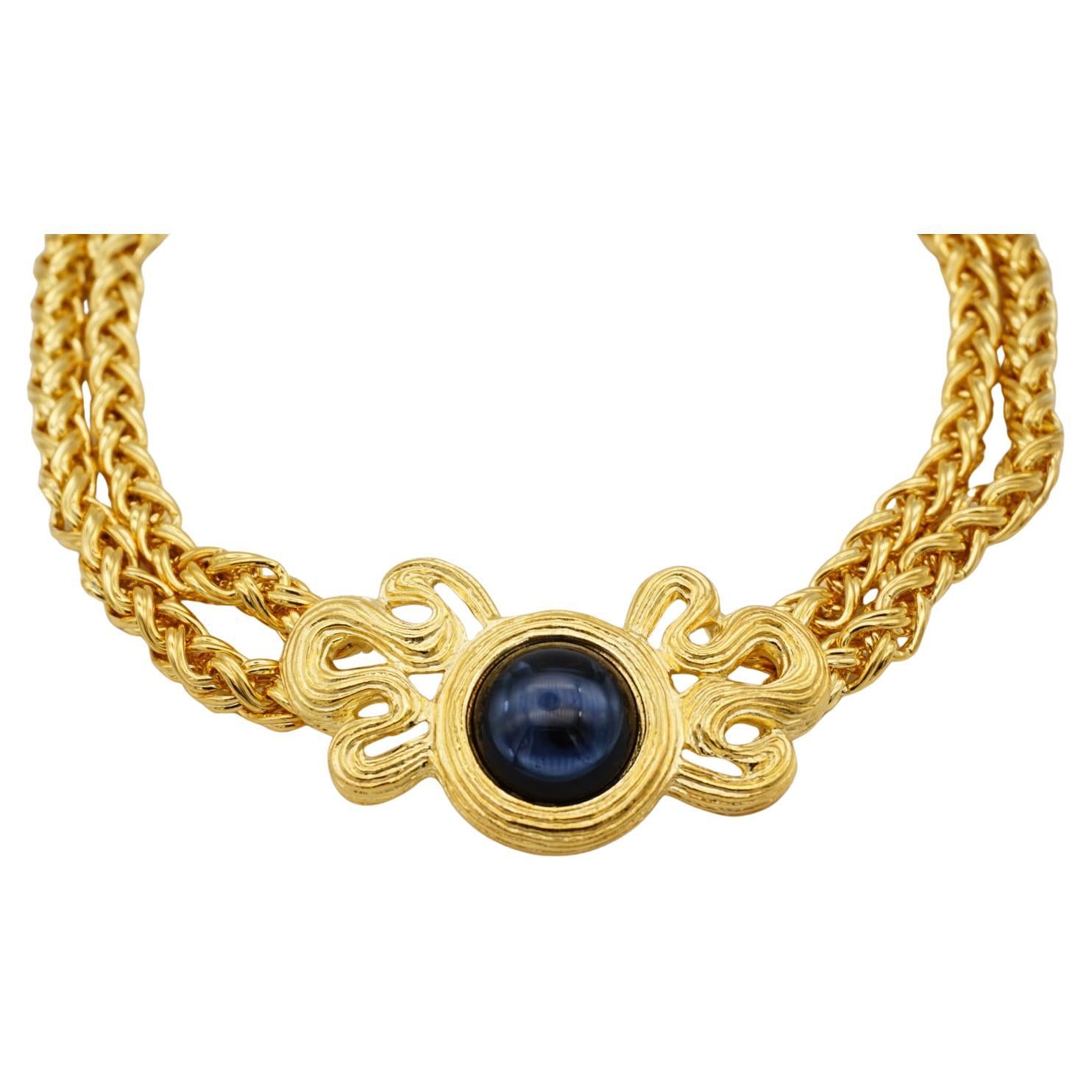 Givenchy Vintage Rare Gold Blue Lapis Bow Braided Rope Statement Necklace For Sale